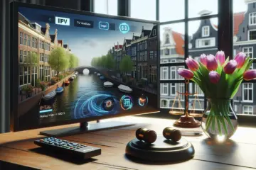 Alt_text: Modern Dutch TV scene with remote, IPTV icons, tulips, canal house, legal scale—2025.