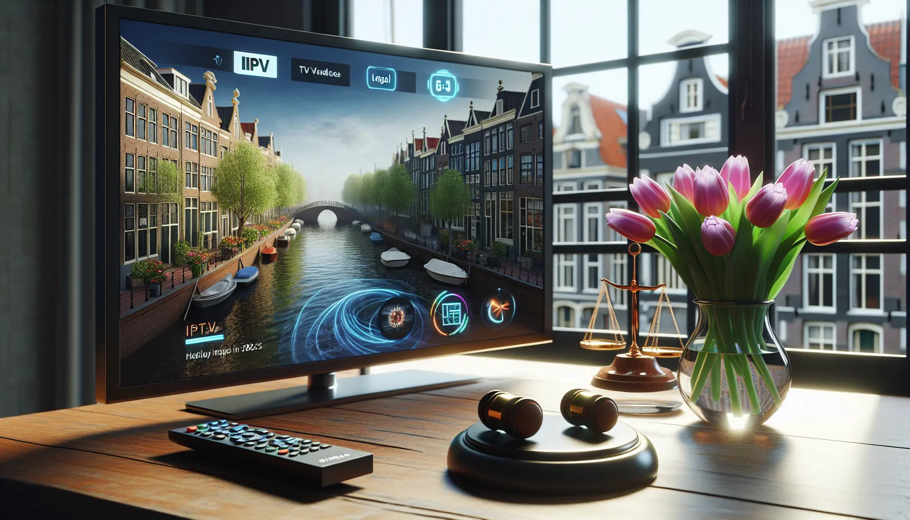 Alt_text: Modern Dutch TV scene with remote, IPTV icons, tulips, canal house, legal scale—2025.