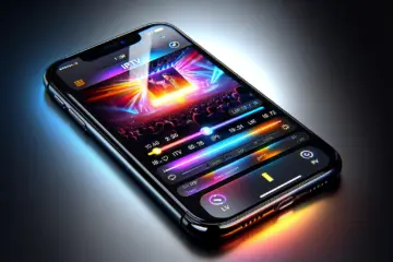 alt_text: A sleek iPhone running a vibrant IPTV app on iOS 18, showcasing live TV on its screen.