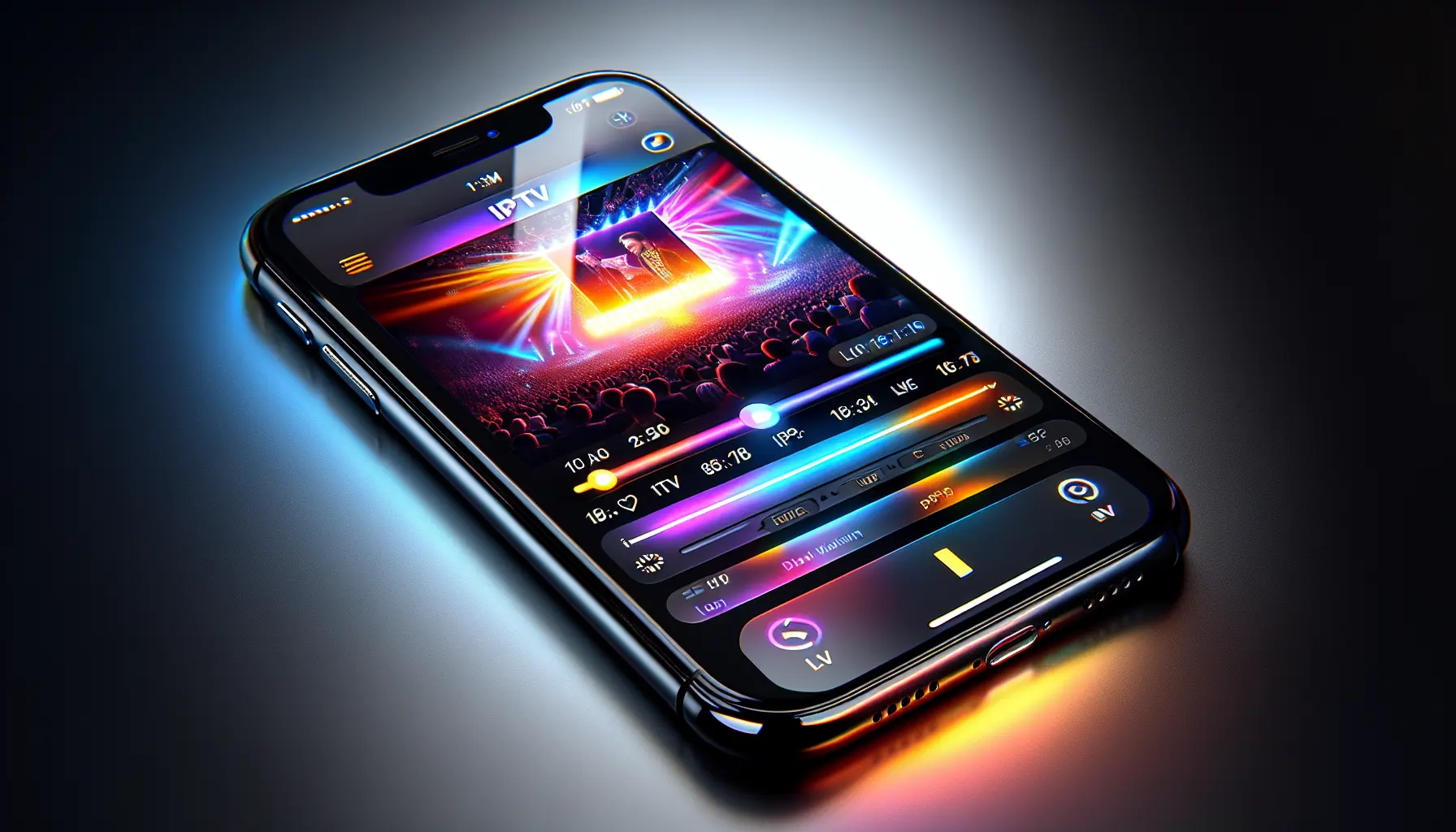 alt_text: A sleek iPhone running a vibrant IPTV app on iOS 18, showcasing live TV on its screen.