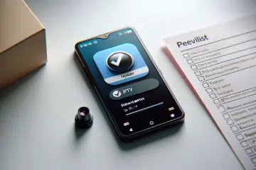 A smartphone displaying an IPTV app update notification next to a checklist for preventing errors.