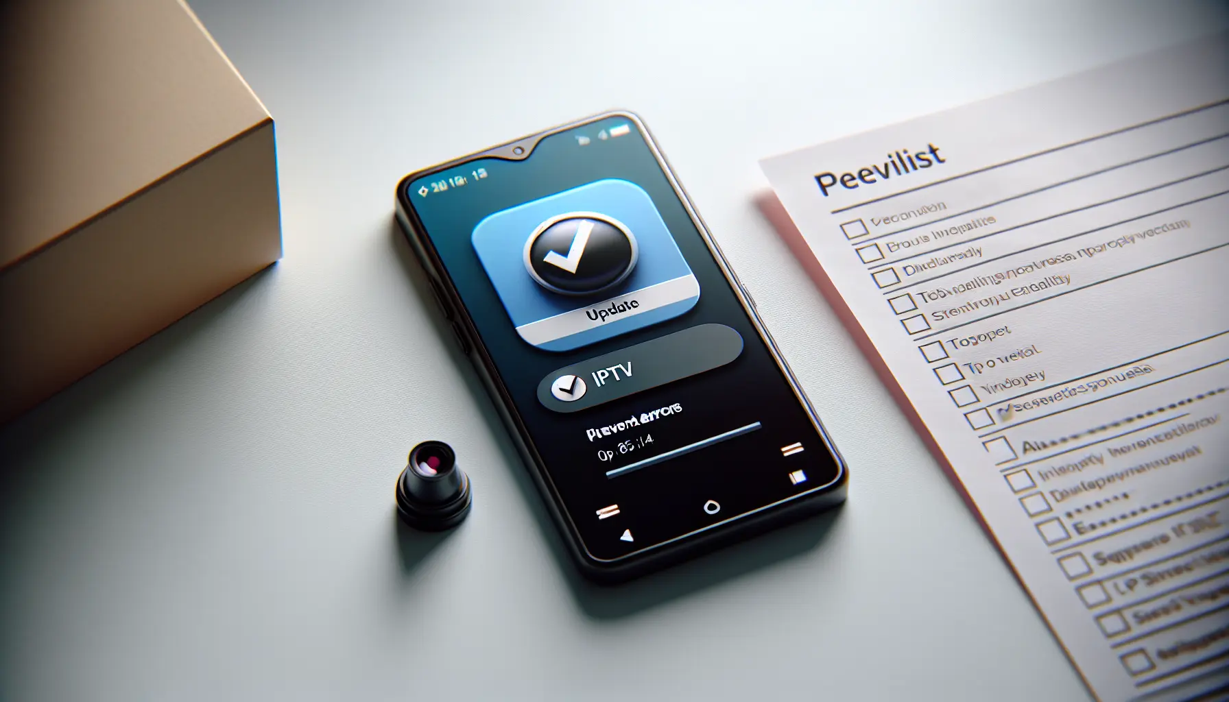 A smartphone displaying an IPTV app update notification next to a checklist for preventing errors.