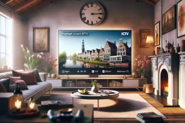 A modern Dutch living room with a large TV displaying popular local channels, showcasing a premium IPTV experience.