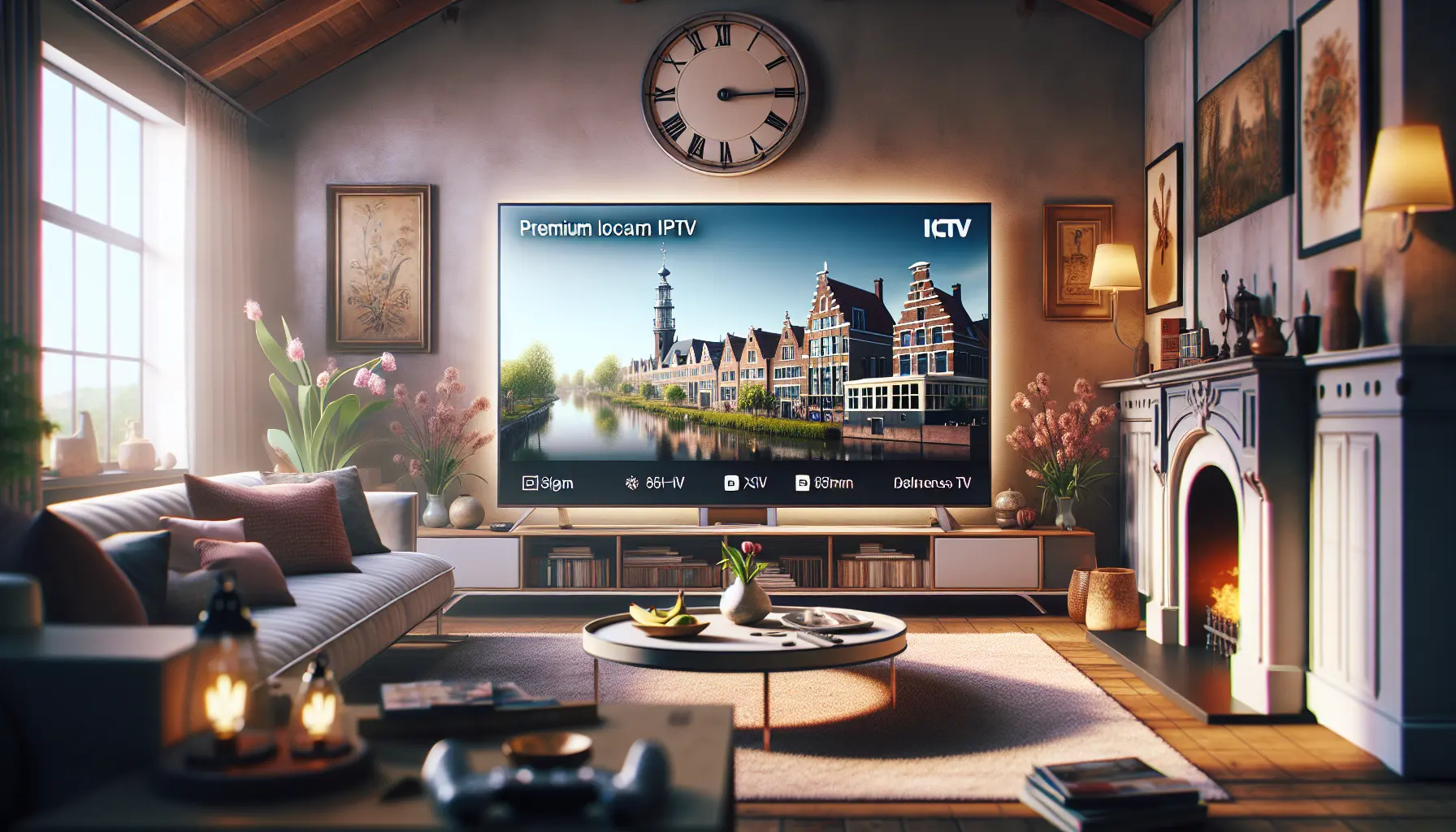 A modern Dutch living room with a large TV displaying popular local channels, showcasing a premium IPTV experience.