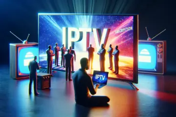 A person choosing an IPTV package by comparing options on a laptop next to a large, vibrant television.