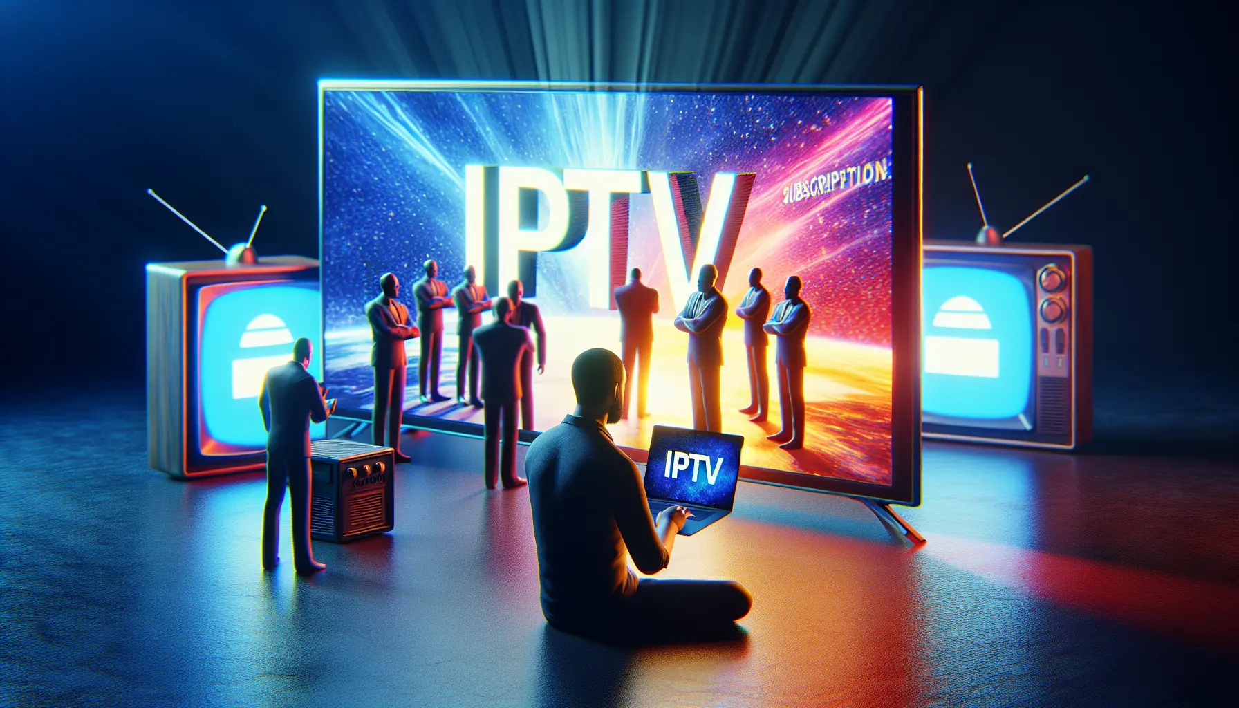 A person choosing an IPTV package by comparing options on a laptop next to a large, vibrant television.