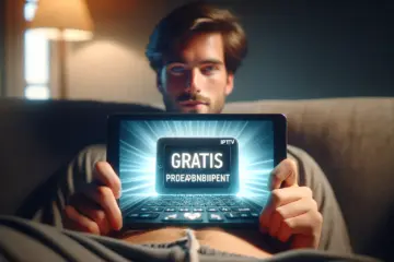 alt_text: A person relaxing on a sofa, using a tablet with a glowing "GRATIS PROEFABONNEMENT" overlay for IPTV.