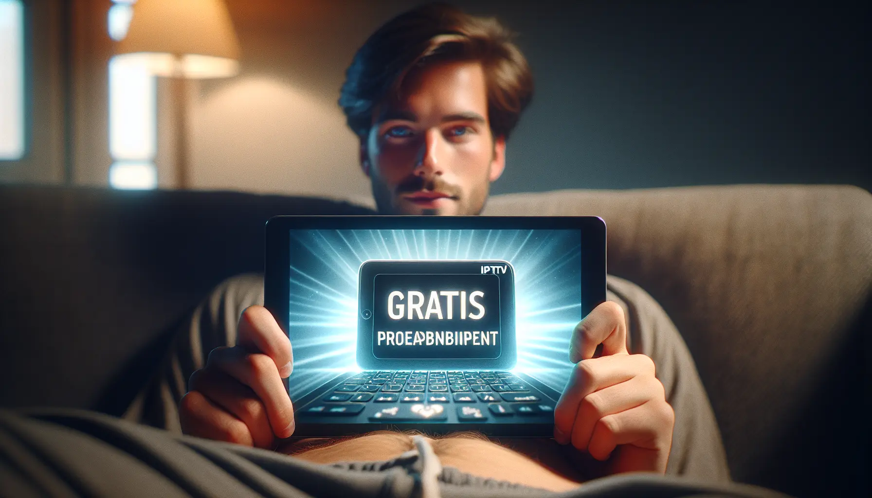 alt_text: A person relaxing on a sofa, using a tablet with a glowing "GRATIS PROEFABONNEMENT" overlay for IPTV.