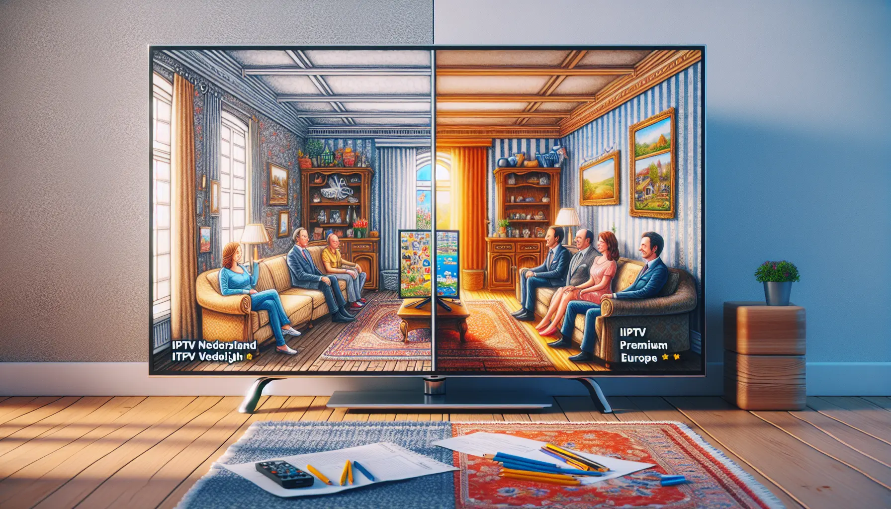 alt_text: Split-screen comparison of a Dutch living room's TV versus a European one, symbolizing IPTV service differences.