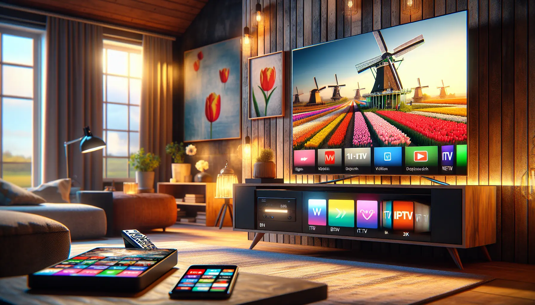 alt_text: A cozy living room with a large TV showing a Dutch channel, an IPTV box, and devices displaying the channel guide.