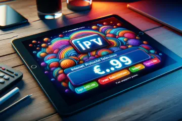 A tablet displays a vibrant IPTV app with a €9.99 monthly subscription price.