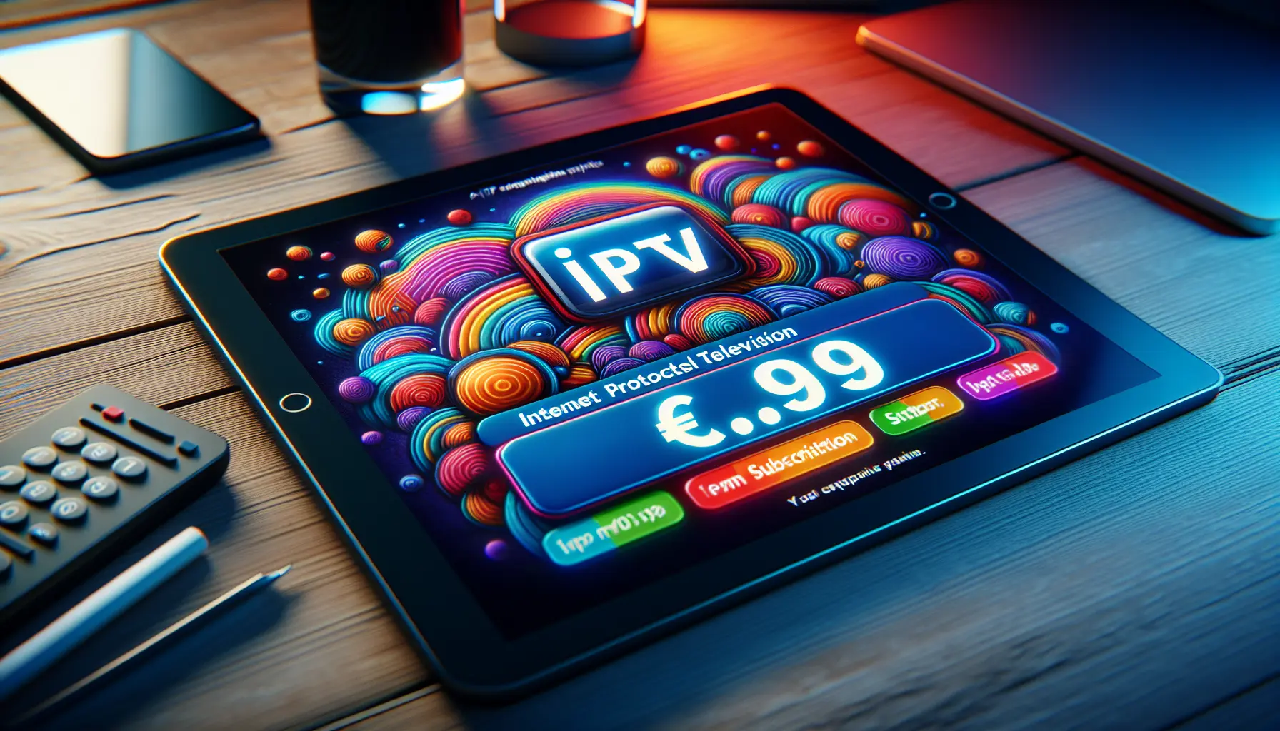 A tablet displays a vibrant IPTV app with a €9.99 monthly subscription price.