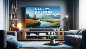 Moderne woonkamer met een heldere TV die een Nederlands landschap toont, symboliserend betrouwbare IPTV met lokale content.