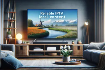 Moderne woonkamer met een heldere TV die een Nederlands landschap toont, symboliserend betrouwbare IPTV met lokale content.