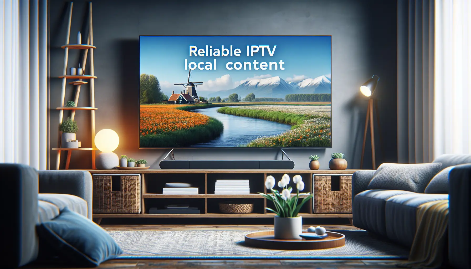 Moderne woonkamer met een heldere TV die een Nederlands landschap toont, symboliserend betrouwbare IPTV met lokale content.