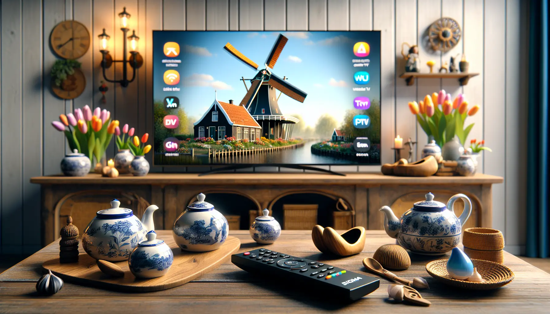 alt_text: Magazine cover showing a Dutch living room with smart TV, remote, icons, and Dutch decor.