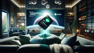 alt_text: A smartphone displays a "Subscription Active" checkmark next to a large TV in a modern living room.