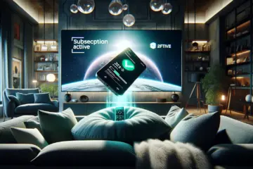 alt_text: A smartphone displays a "Subscription Active" checkmark next to a large TV in a modern living room.