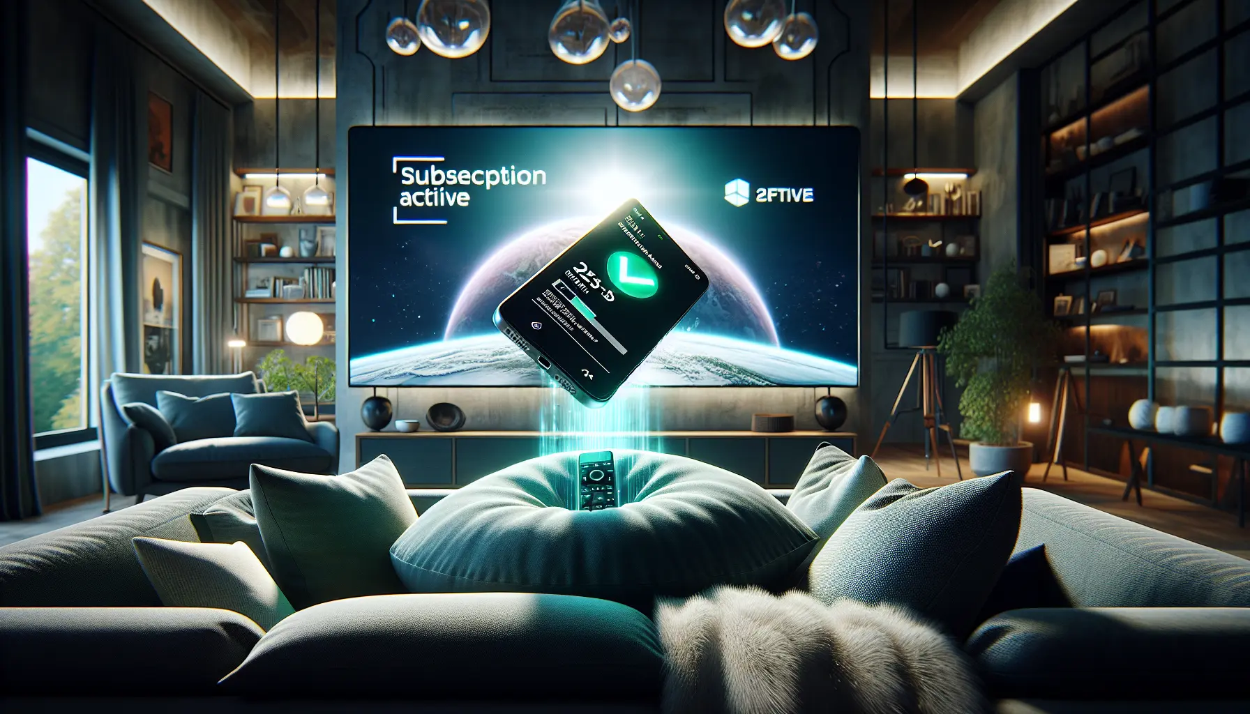 alt_text: A smartphone displays a "Subscription Active" checkmark next to a large TV in a modern living room.