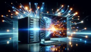 A server's neural network of light streams flawless, vibrant IPTV to a crystal-clear television screen.