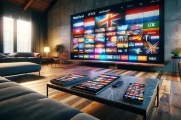 alt_text: A modern Dutch living room showcasing a large TV with a mosaic of Dutch and international channels, a phone, and a tablet.