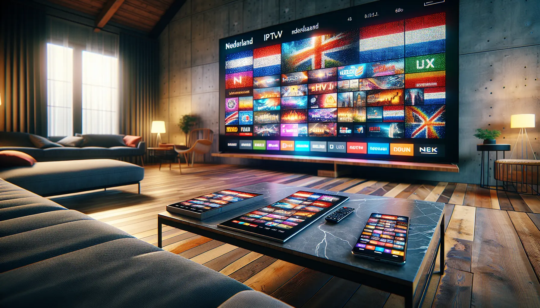alt_text: A modern Dutch living room showcasing a large TV with a mosaic of Dutch and international channels, a phone, and a tablet.