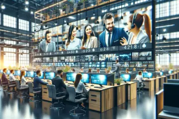 alt_text: A friendly, professional customer service team assisting clients in a modern office with IPTV screens.