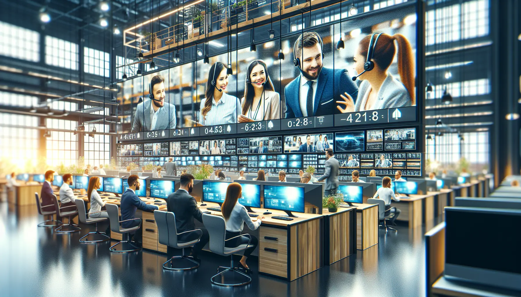 alt_text: A friendly, professional customer service team assisting clients in a modern office with IPTV screens.