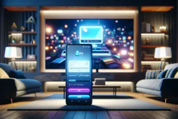 alt_text: A smartphone screen showing a secure iDEAL payment for an IPTV subscription, with a modern TV in the background.