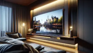 alt_text: A modern hotel room with a guest watching Dutch TV on a sleek flatscreen, showcasing professional IPTV for the hospitality industry.
