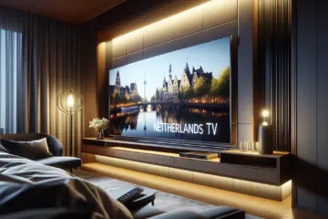 alt_text: A modern hotel room with a guest watching Dutch TV on a sleek flatscreen, showcasing professional IPTV for the hospitality industry.