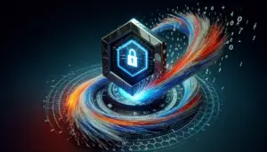 alt_text: Abstract digital security concept with a hexagonal shield protecting a video stream, surrounded by flowing encryption code.