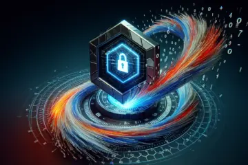 alt_text: Abstract digital security concept with a hexagonal shield protecting a video stream, surrounded by flowing encryption code.