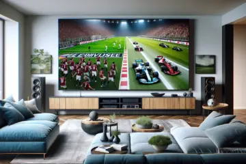 A modern living room with a large TV showing a split-screen of a live Eredivisie football match and a high-speed Formula 1 race.