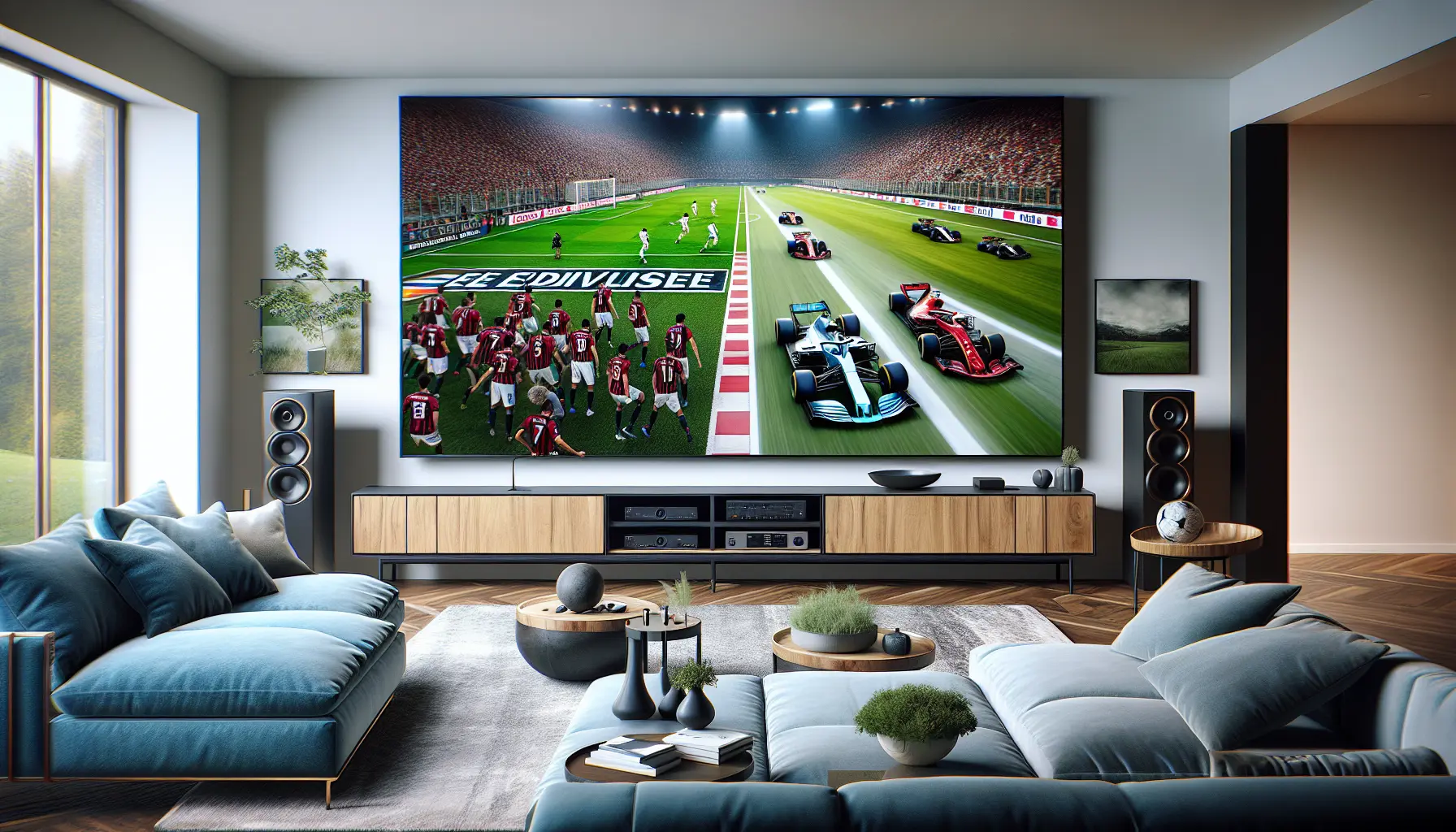 A modern living room with a large TV showing a split-screen of a live Eredivisie football match and a high-speed Formula 1 race.