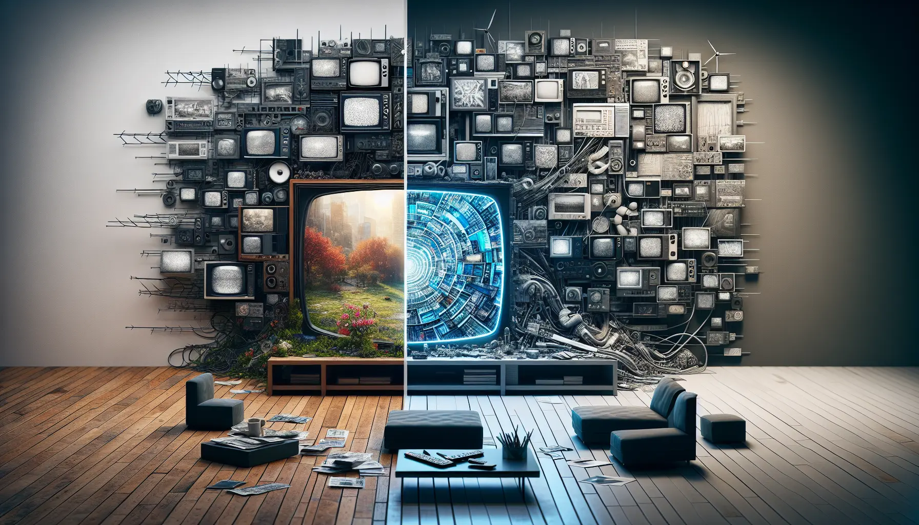 Split image showing cluttered free IPTV on the left and sleek paid service on the right.