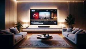 A modern living room with a large TV showing Turkish, Arabic, and UK channels on a split screen.