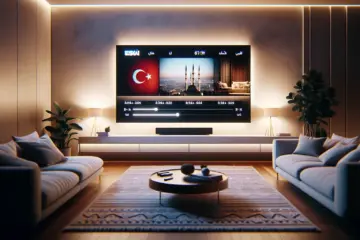 A modern living room with a large TV showing Turkish, Arabic, and UK channels on a split screen.