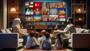 A diverse family watches a large TV showing a mosaic of Turkish, Arabic, and UK channels in a cozy living room.