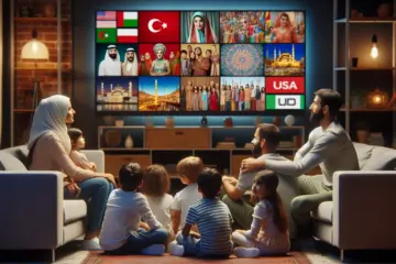 A diverse family watches a large TV showing a mosaic of Turkish, Arabic, and UK channels in a cozy living room.