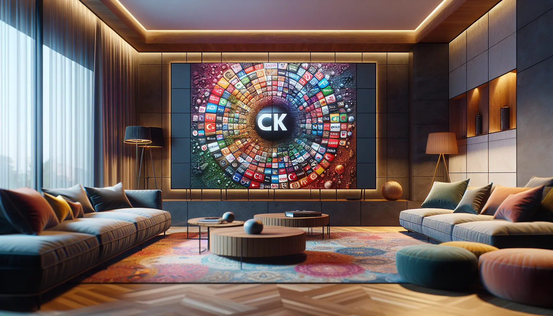 A modern TV displaying a mosaic of Turkish, Arabic, and UK channel logos in a cozy living room.
