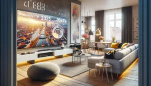 alt_text: A modern Dutch living room with a large TV displaying a 2025 IPTV reliability infographic with positive scores.