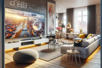alt_text: A modern Dutch living room with a large TV displaying a 2025 IPTV reliability infographic with positive scores.