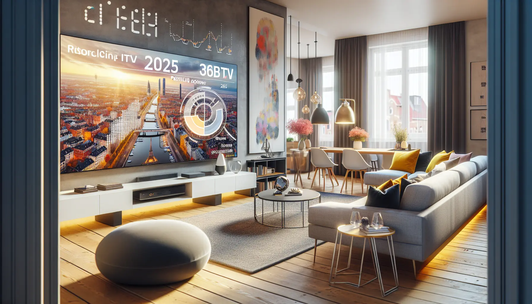 alt_text: A modern Dutch living room with a large TV displaying a 2025 IPTV reliability infographic with positive scores.