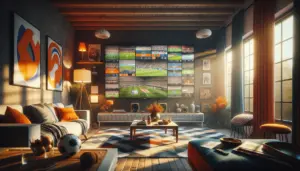 alt_text: A modern Dutch living room at night, where a large TV displays a vibrant mosaic of live sports, highlighted by orange accents.