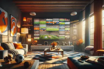 alt_text: A modern Dutch living room at night, where a large TV displays a vibrant mosaic of live sports, highlighted by orange accents.