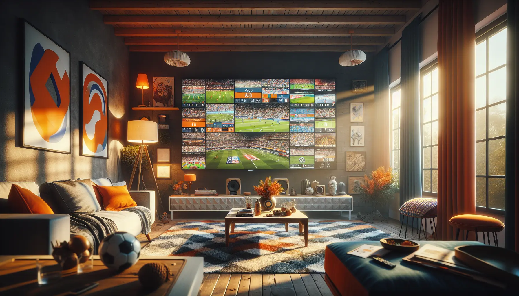 alt_text: A modern Dutch living room at night, where a large TV displays a vibrant mosaic of live sports, highlighted by orange accents.