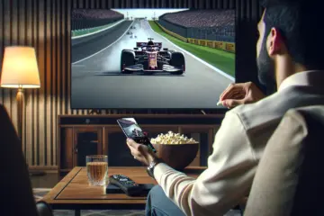 A person watches a high-speed F1 race on a large TV, streamed via an IPTV app on their smartphone.