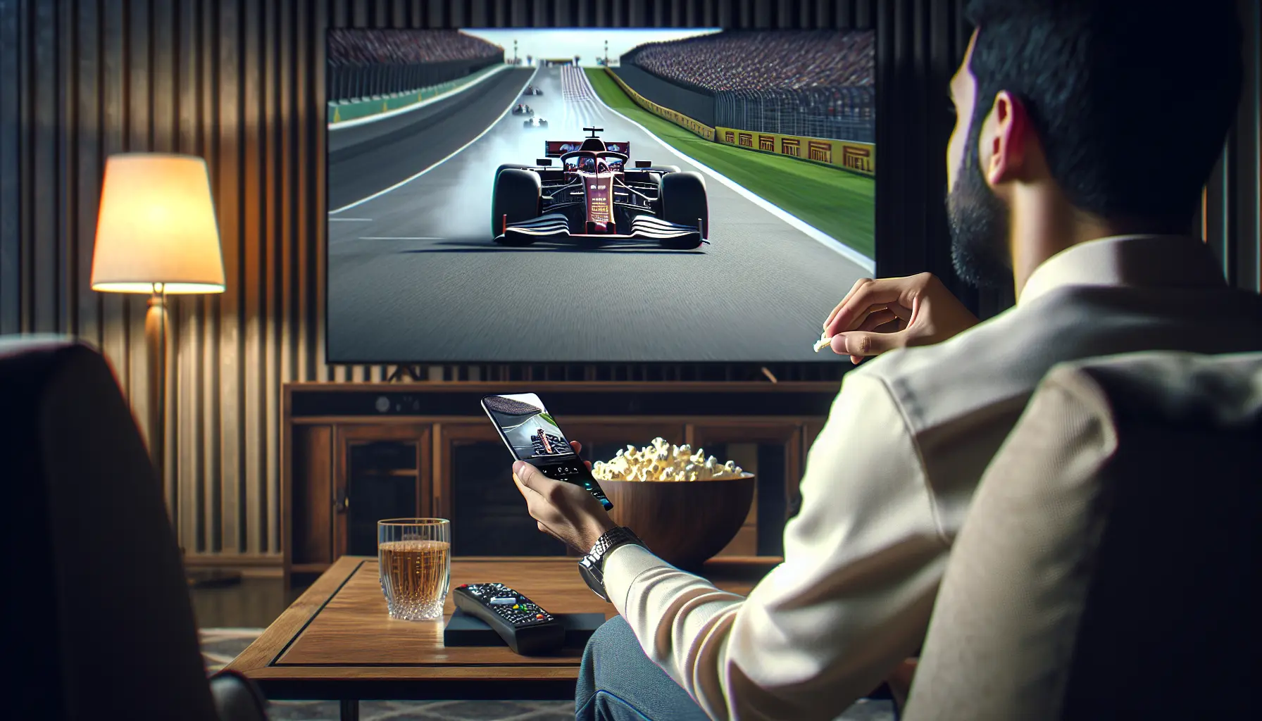 A person watches a high-speed F1 race on a large TV, streamed via an IPTV app on their smartphone.