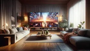 A modern living room with a large TV displaying a collage of popular movies and series.